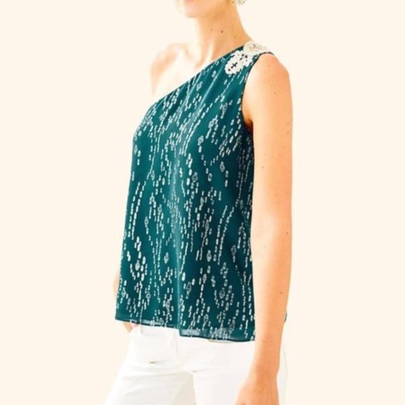 Lilly Pulitzer Silk Teal One-Shoulder Top Blouse - Picture 3 of 15